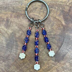 White Flower Beaded Keychain Blue Red Glass | Handmade